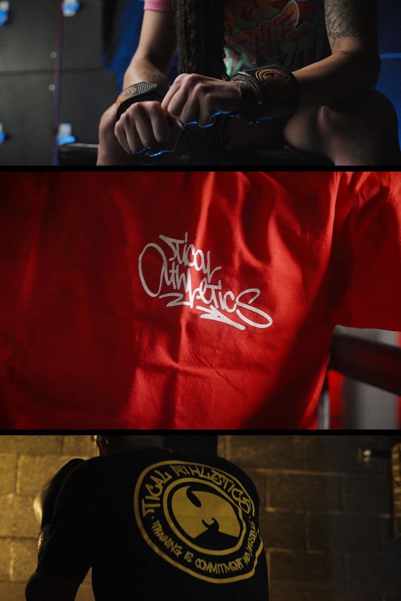 TICAL apparel shoot collage with red hoodie